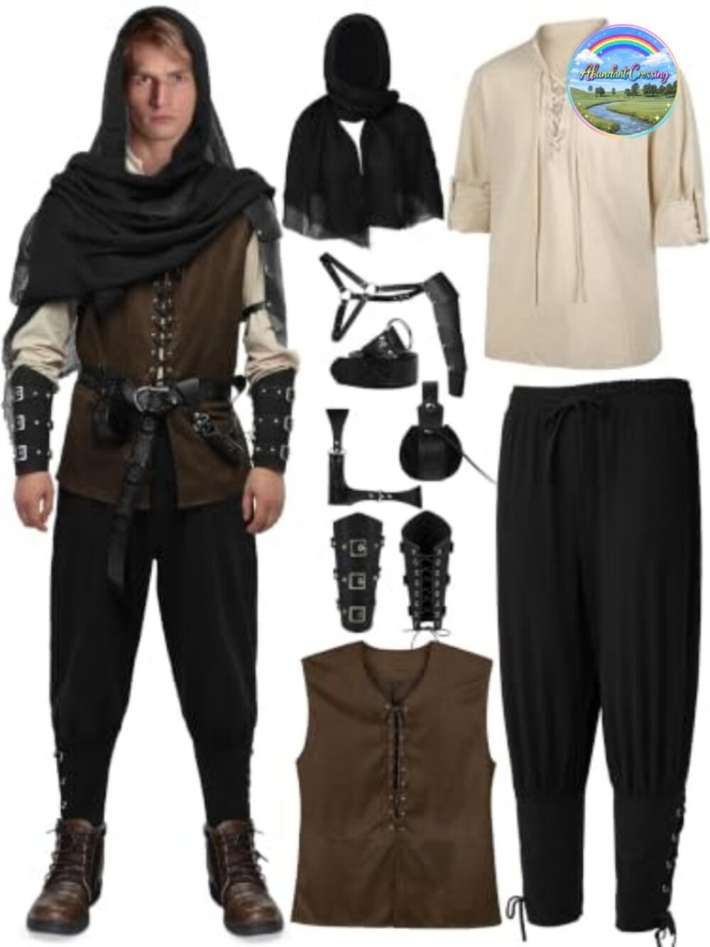 Men's Renaissance Viking Costume Set 9 Pcs Medieval LARP Halloween Outfit